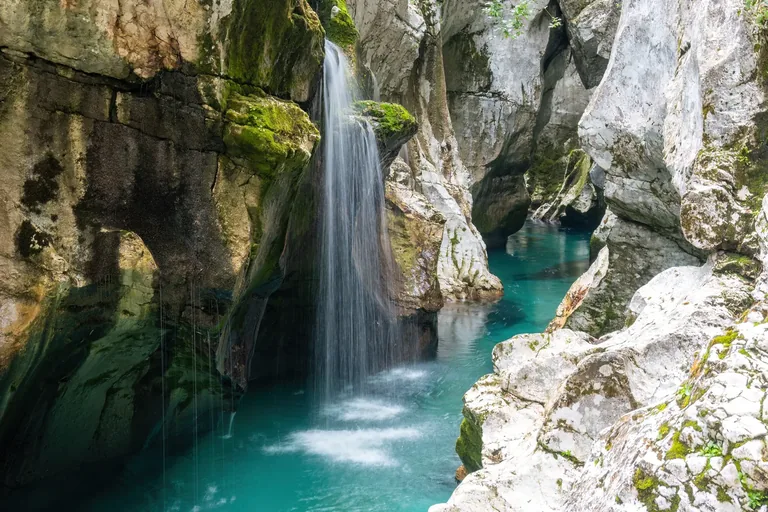 Turquoise Soča River flowing through the Great Soča Gorge