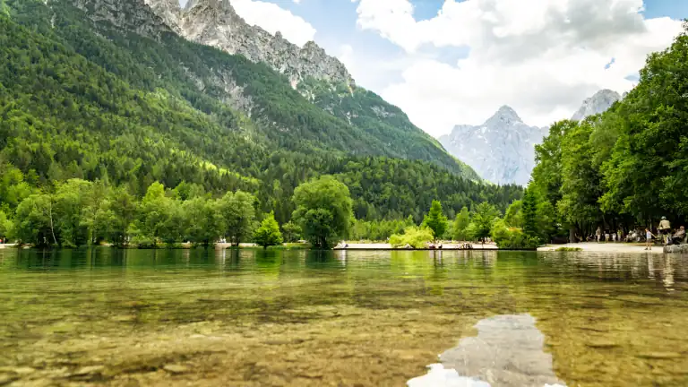 Lake Jasna and the Julian Alps near Kranjska Gora in summer