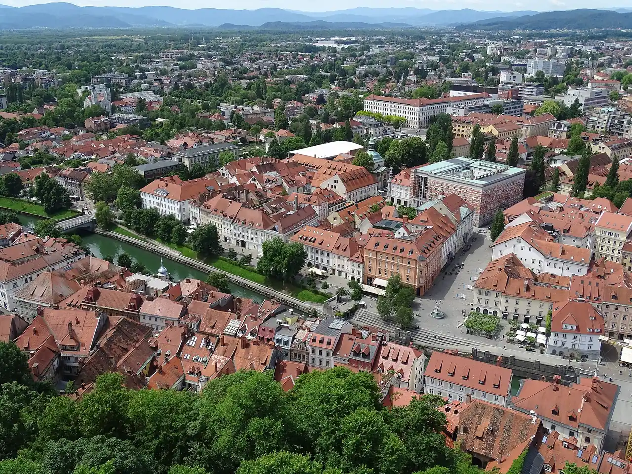 Ljubljana Old Town, historic rooftops and the Ljubljanica River viewed from Ljubljana Castle