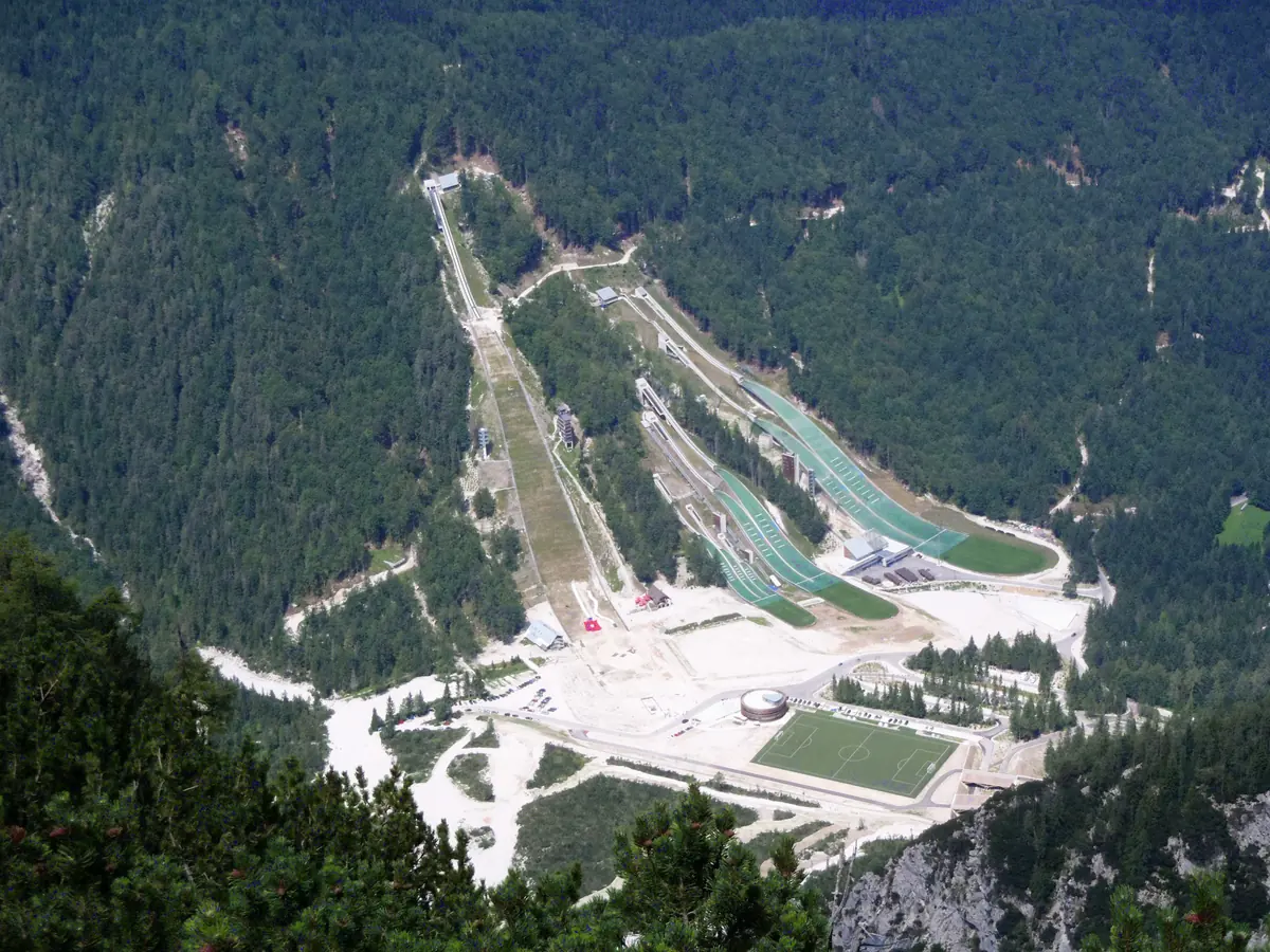 Planica Nordic Centre and ski jumping hills surrounded by the Julian Alps