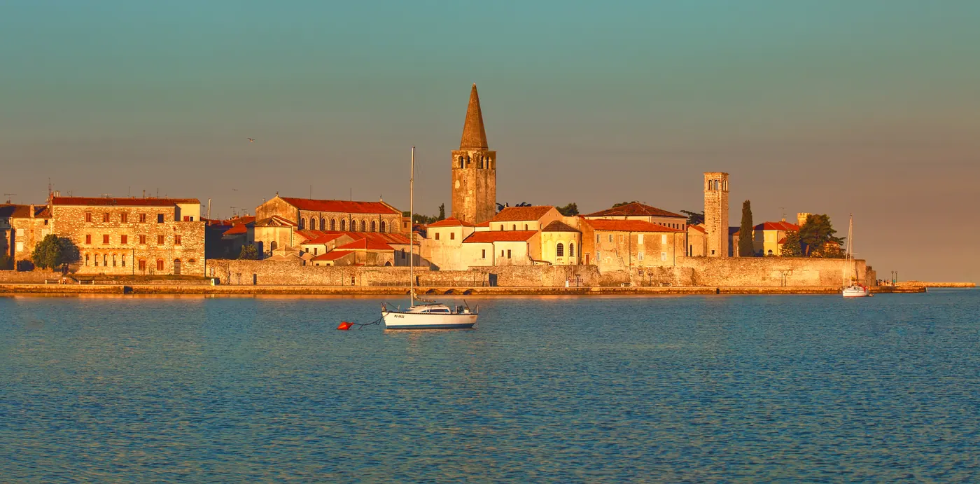 Panoramic view of Poreč old town and the Adriatic waterfront at dawn