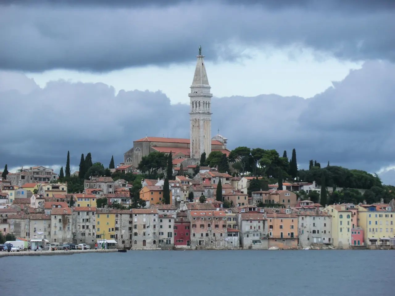 Rovinj waterfront, Old Town buildings and the Church of St. Euphemia