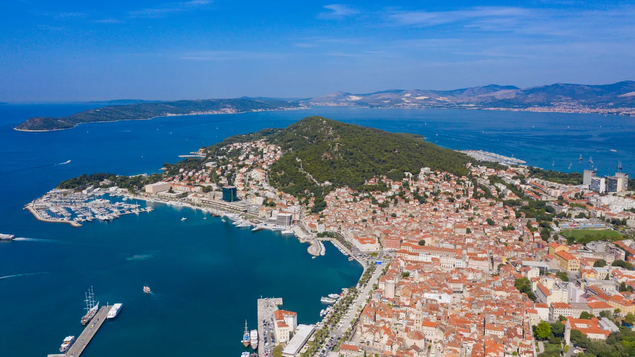 Aerial view of Split Old Town, waterfront and the Adriatic coast