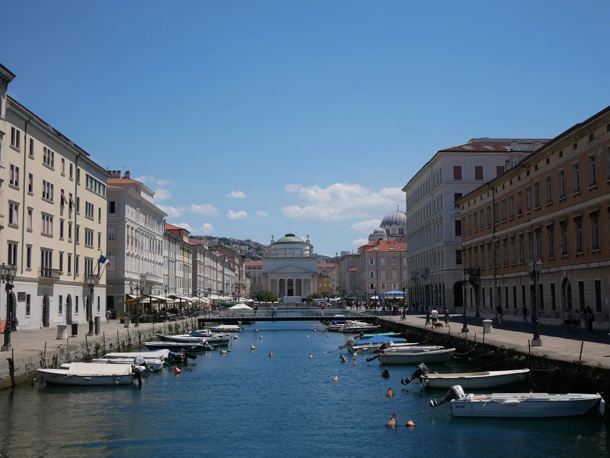 Canal Grande in Trieste with Sant’Antonio Nuovo and historic city architecture